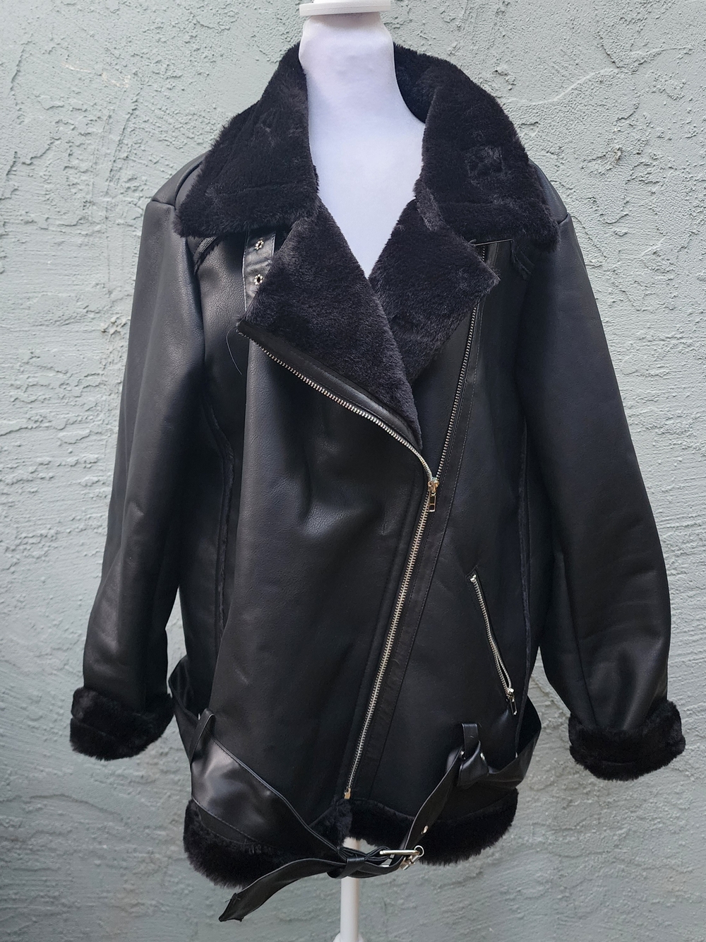 Double-Faced Faux Leather Aviator Moto Jacket 3X Fits Like XL Worn Once